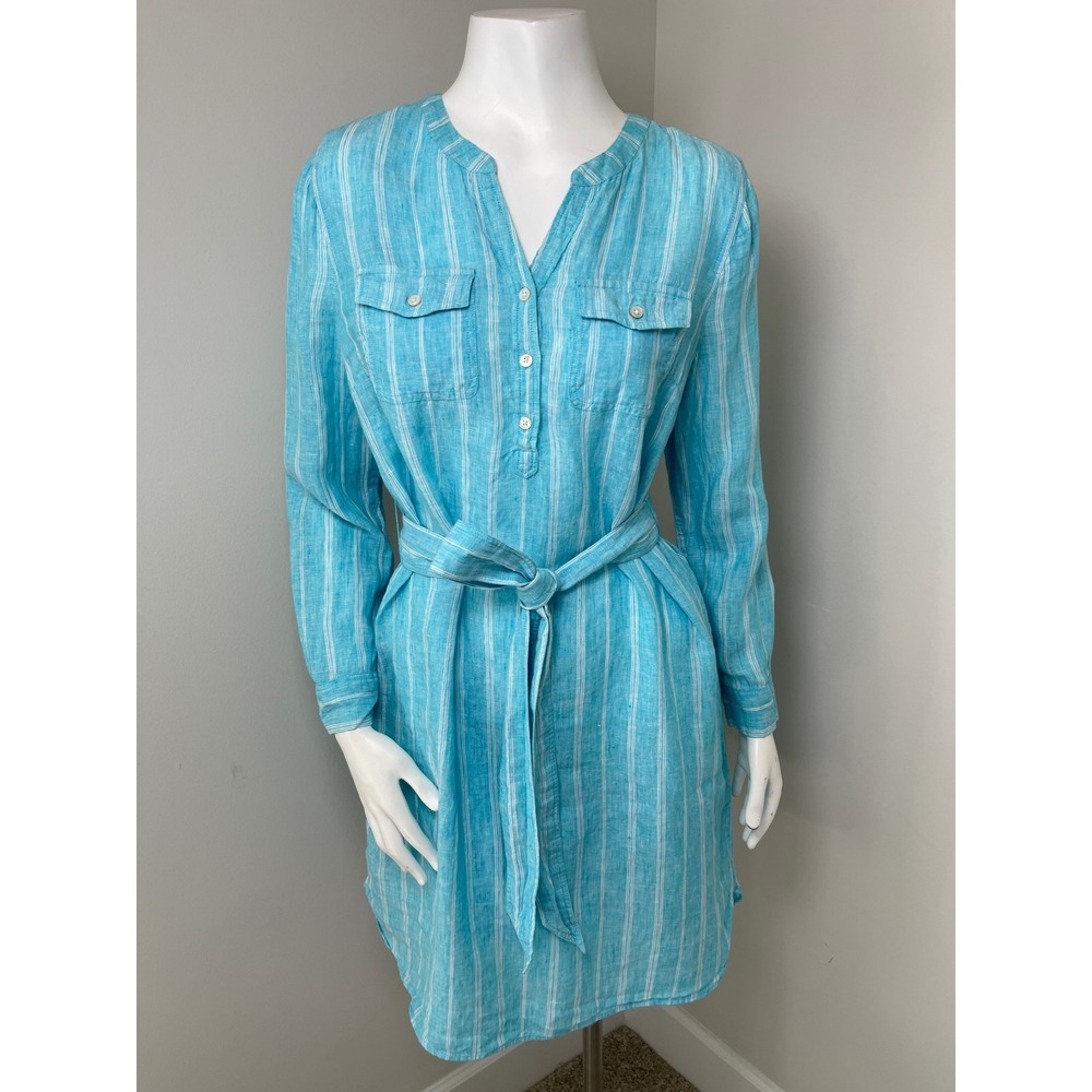 Talbots Linen Shirt Dress Turquoise Blue White Stripe Belted Roll Tab MP Petite